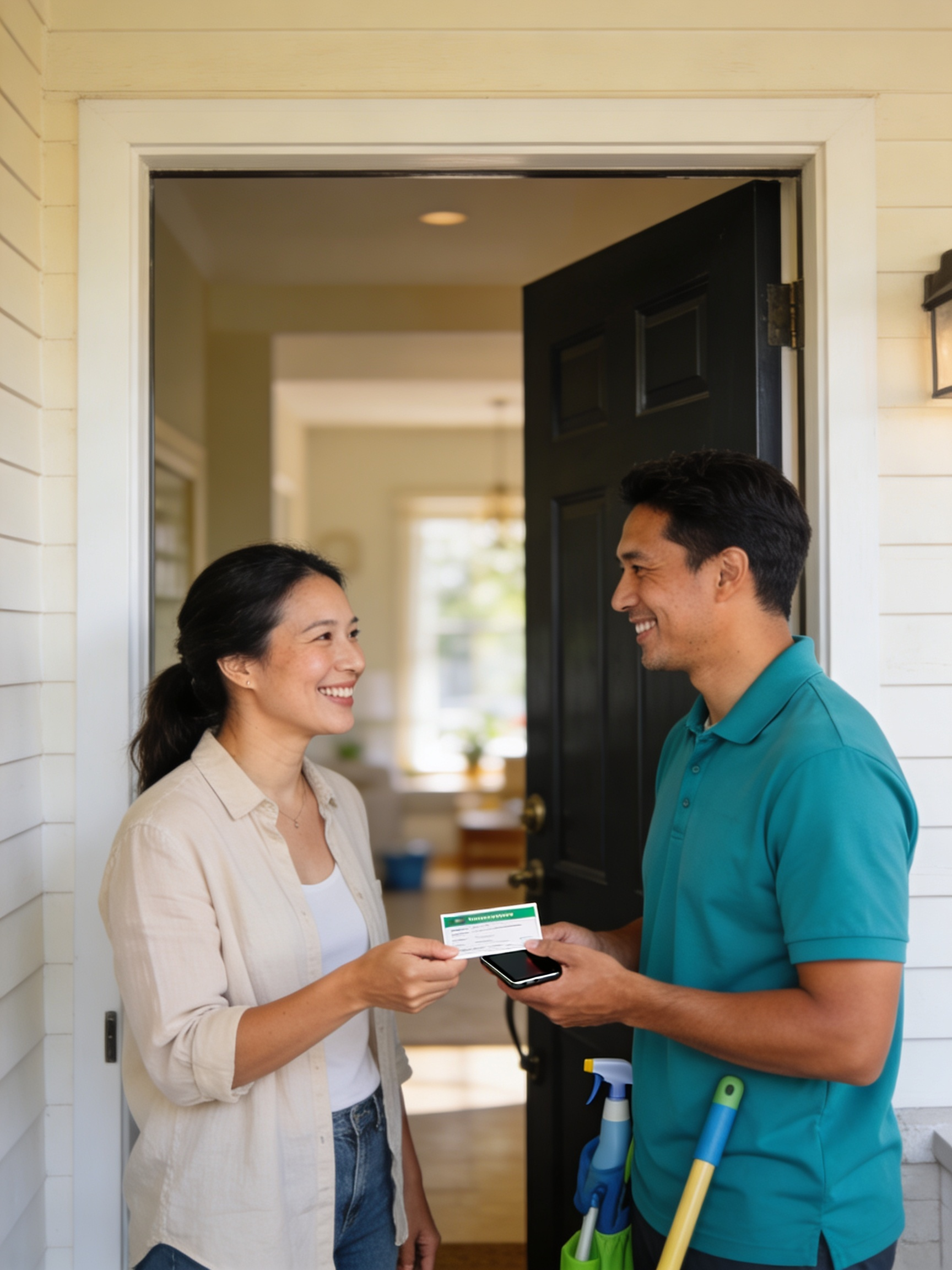 A customer at her front door handing payment to a smiling Pro Cleaner VA cleaner