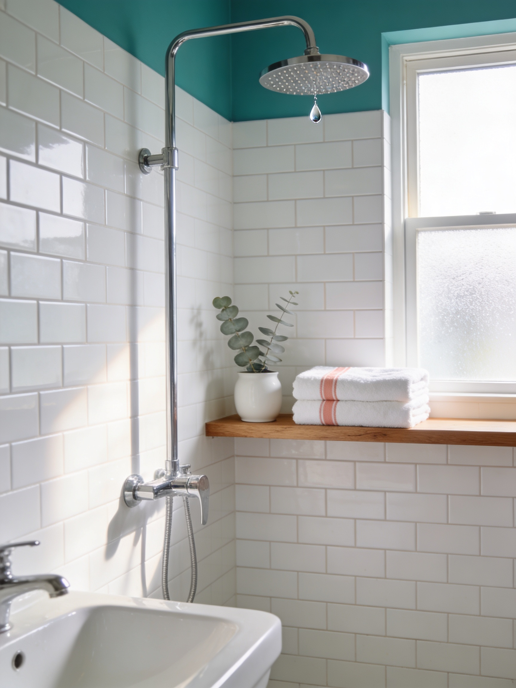 A spotlessly clean bathroom with white subway tile, teal accent wall, and folded towels