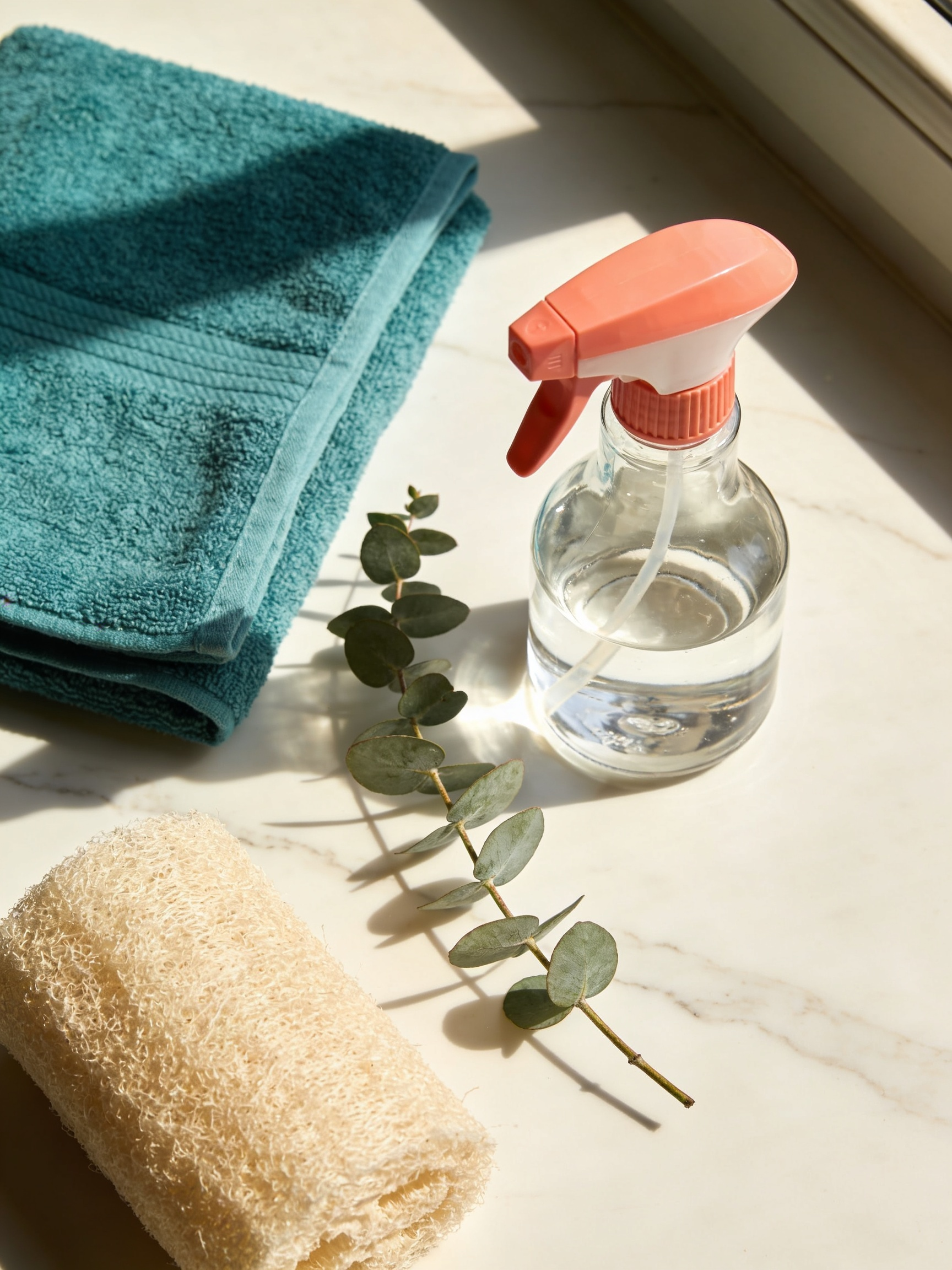 Eco-friendly cleaning supplies, towel, spray bottle, eucalyptus